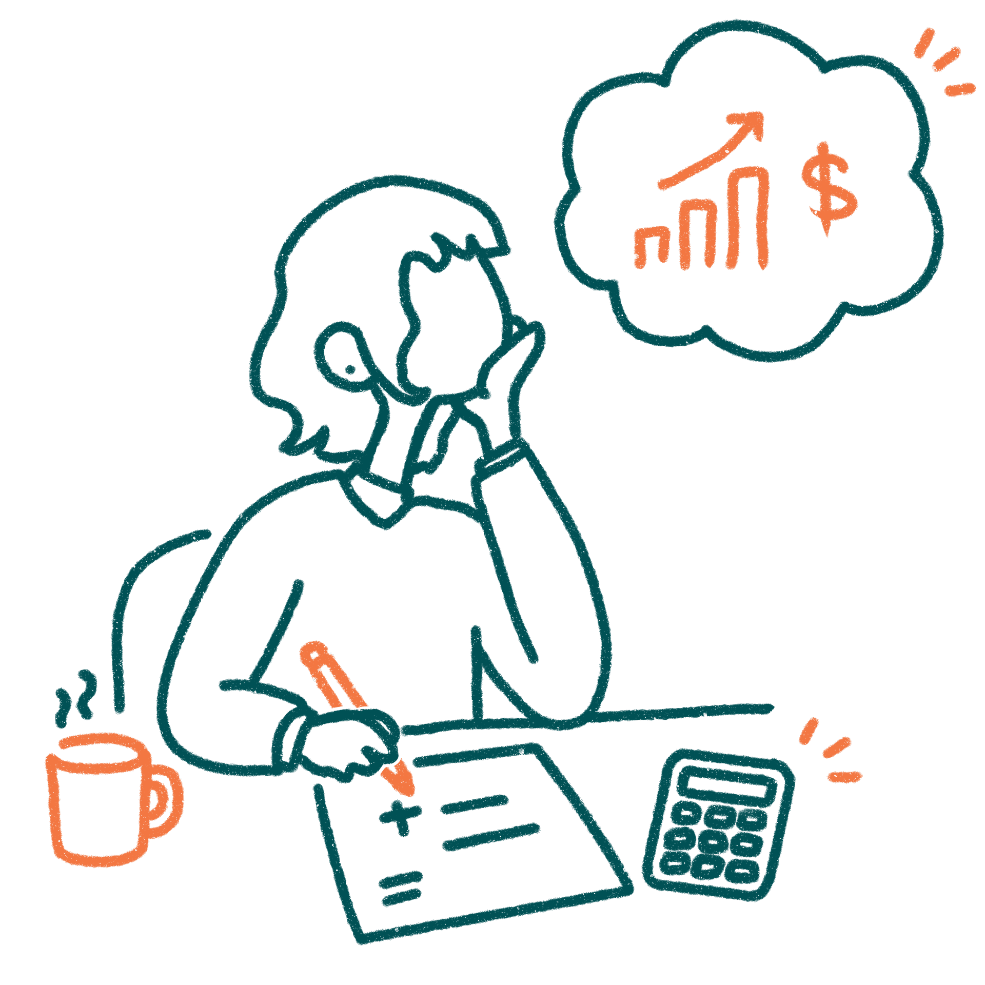 Illustration of a business owner sitting at desk working through math.