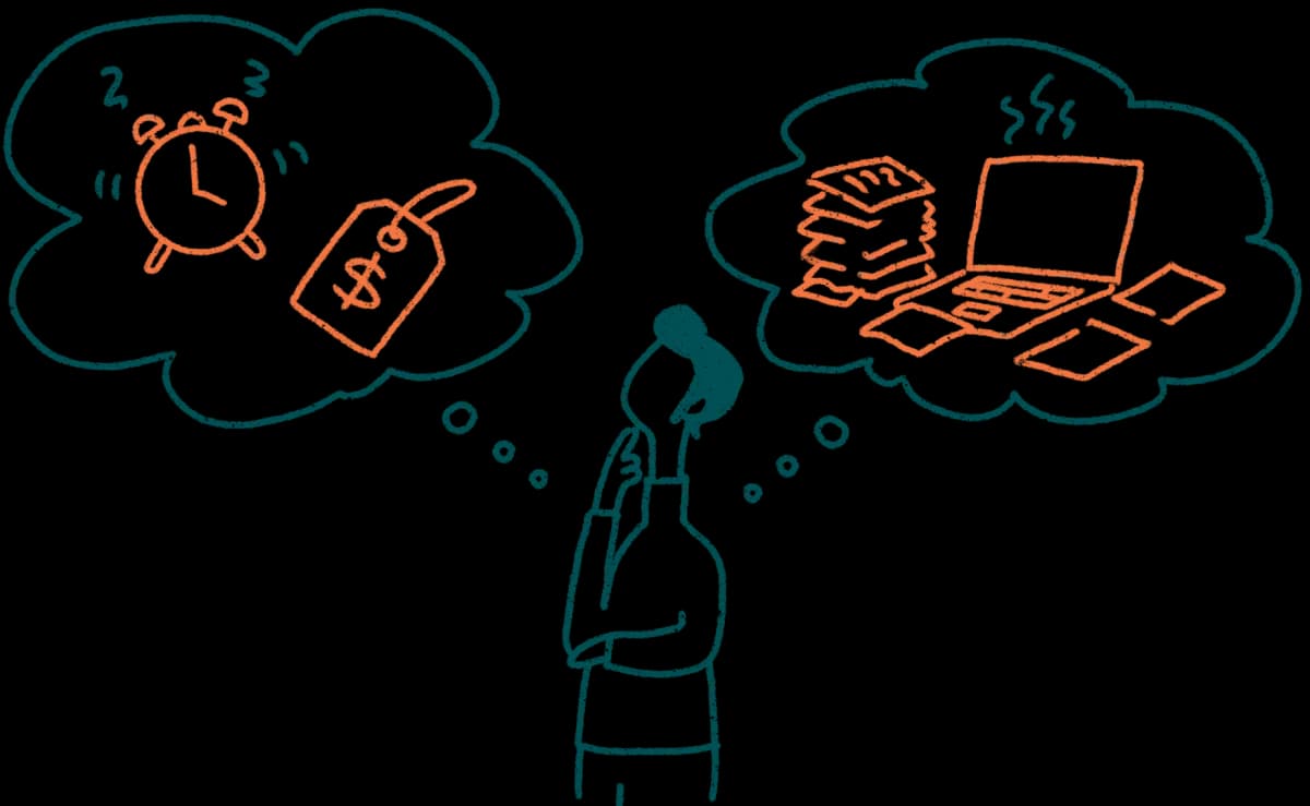 Illustration of a business owner weighing different hiring options