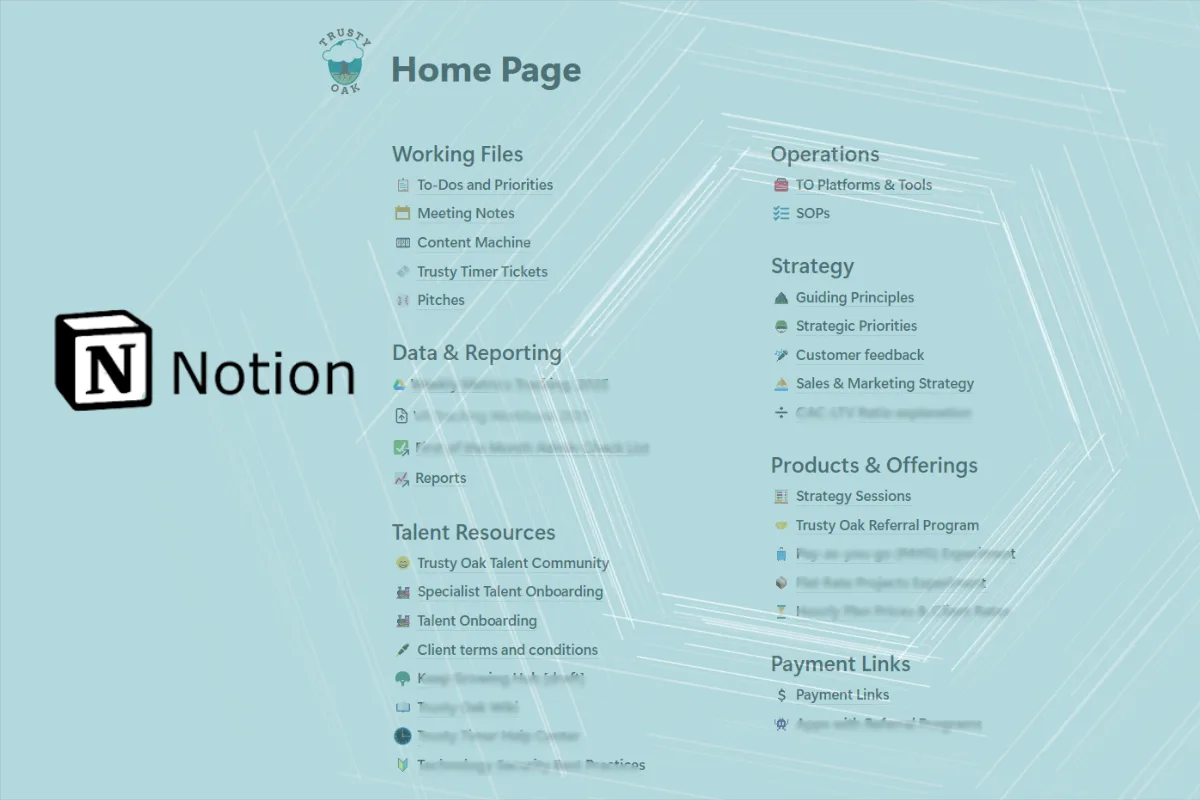Screenshot of Nacho Notion home page with Notion logo and partially transparent teal colored overlay depicting 'connective.'