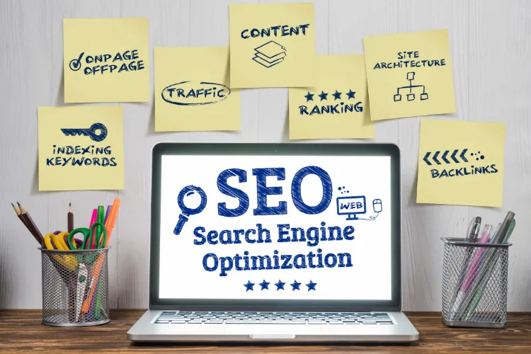 Search engine optimization concept showing website ranking and keywords on computer screen