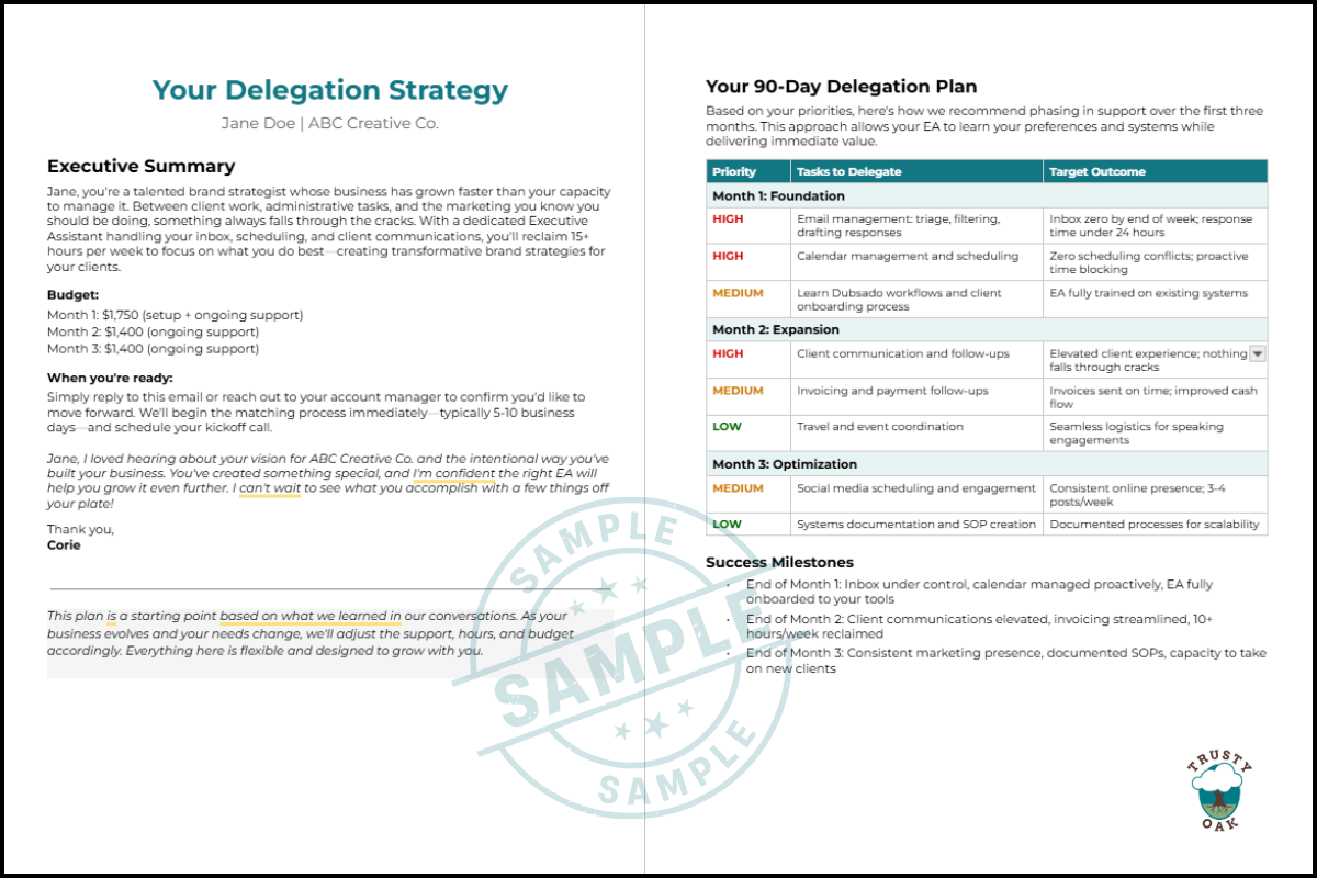 Sample delegation strategy showing a Nacho roadmap with prioritized tasks, owners, and timelines