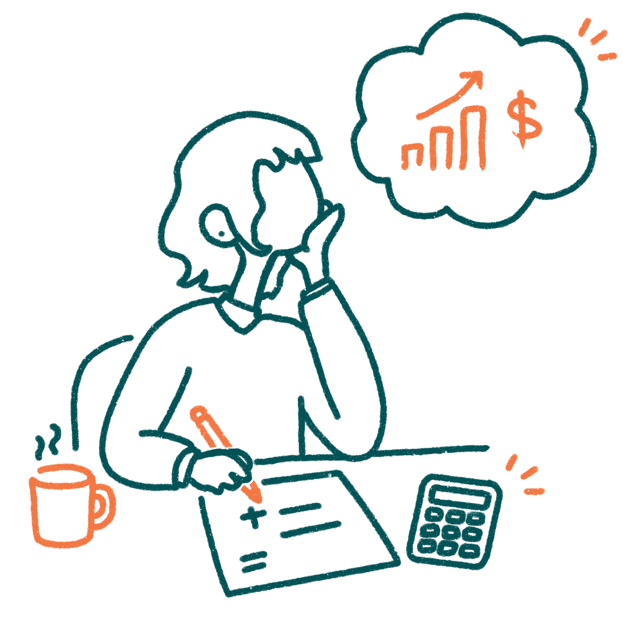 Illustration of a business owner sitting at desk working through math.
