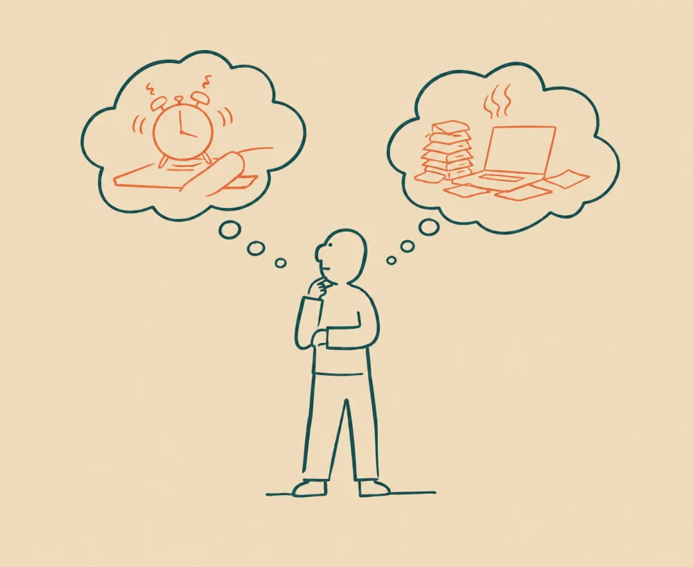 A person weighing two draining options: the time sink of a full-time hire and the pile-up of managing a freelancer.