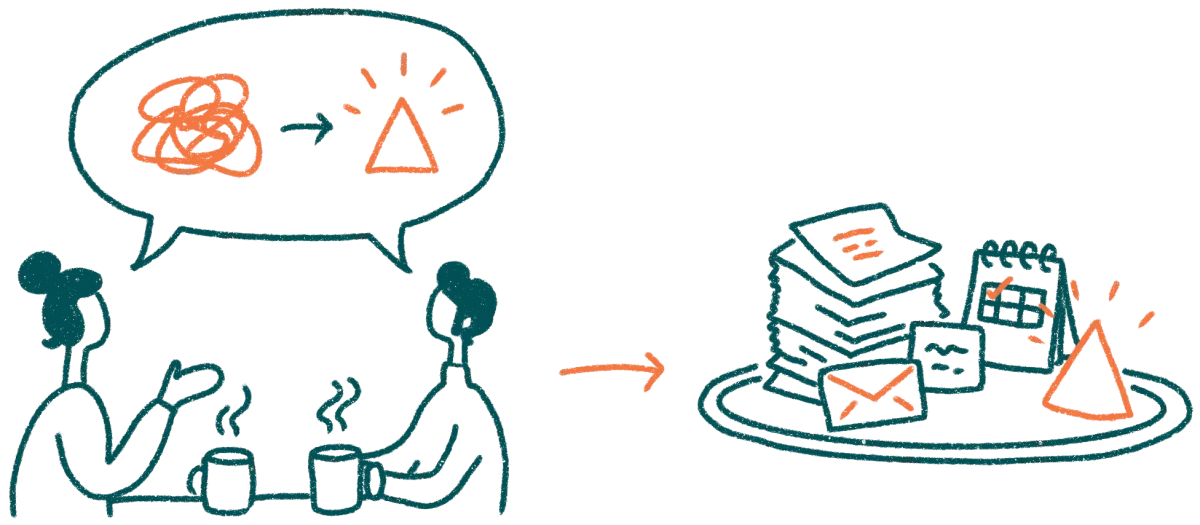 Two people talking over coffee, then a plate piled with paperwork, mail, and a calendar, showing worries handed over and taken off your plate